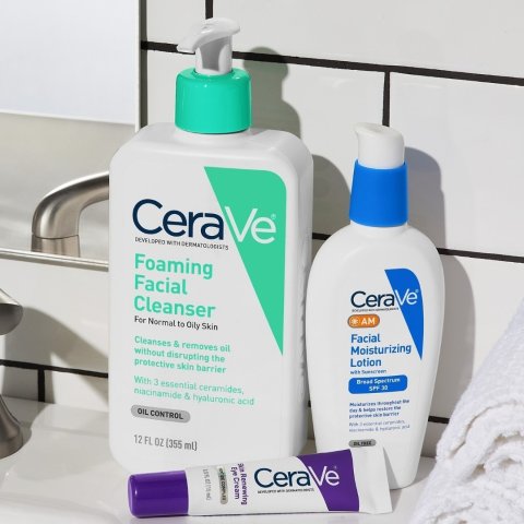CeraVe skincare products together on a bathroom counter