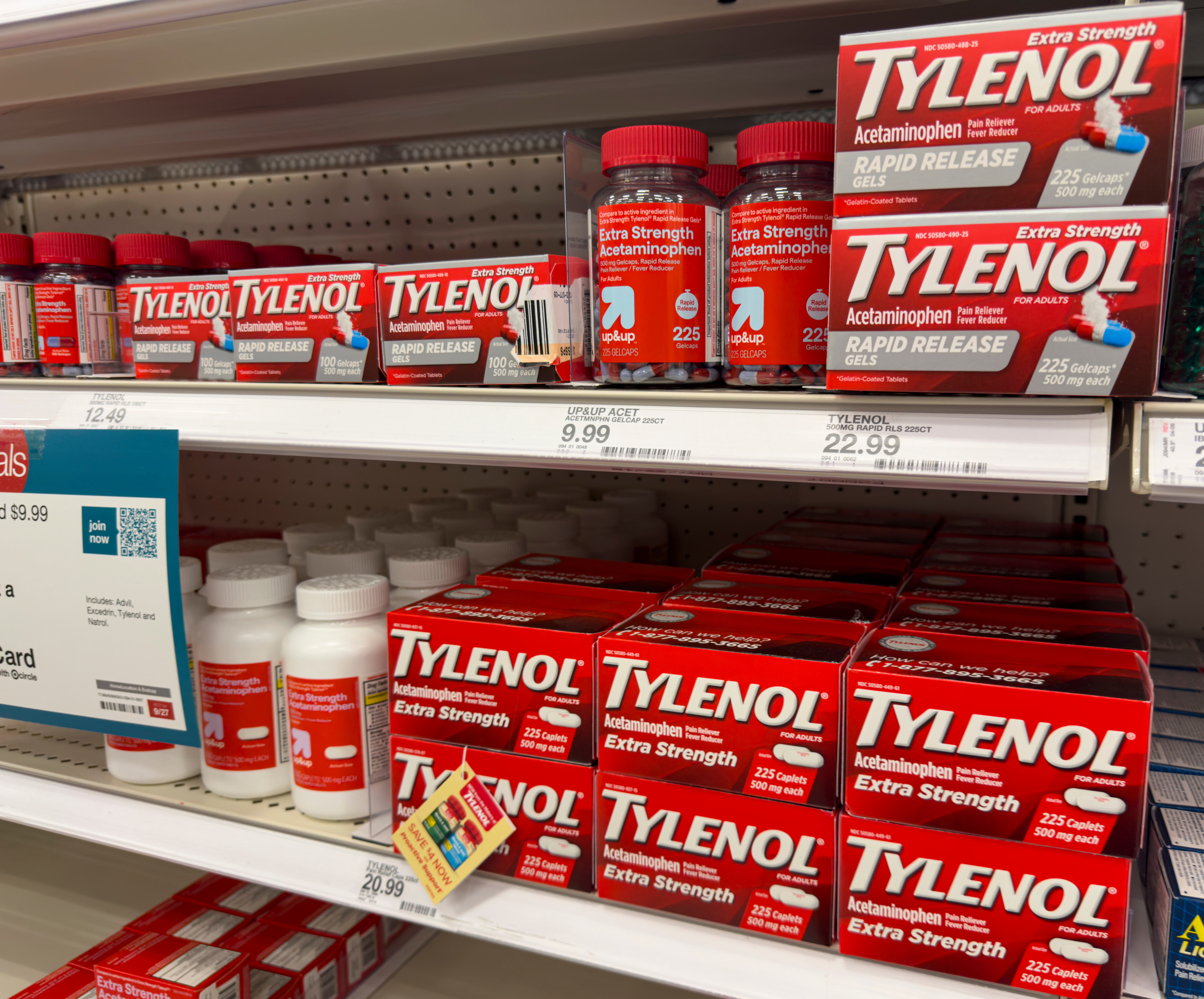 Tylenol products together on pharmacy shelves